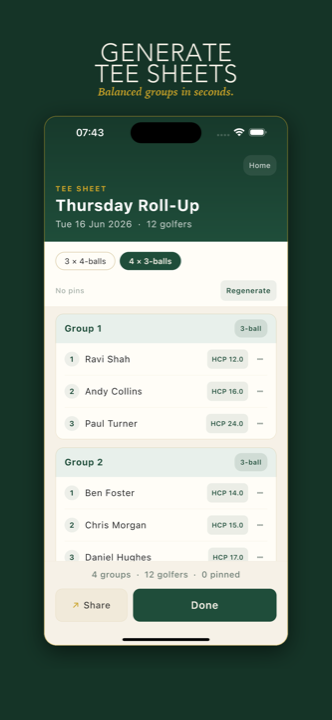 RollupBandit tee sheet screen with balanced groups